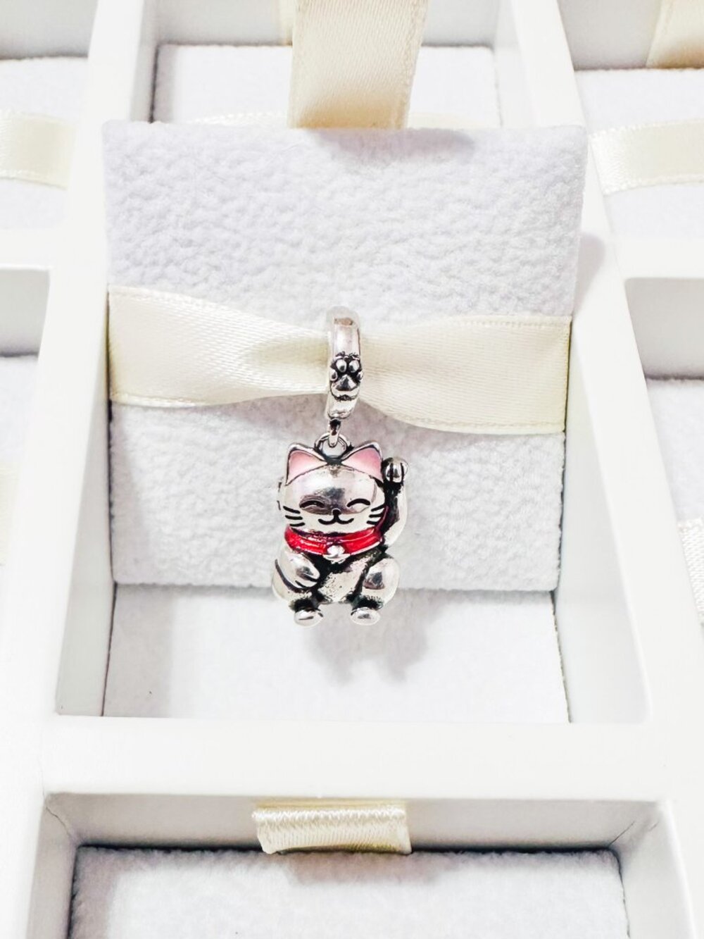 925 Sterling Silver Japanese Lucky Cat Opening Charm, Hidden Mini Paw Figure